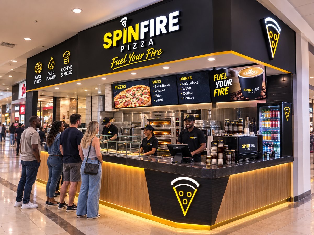 SPINFIRE food-court corner counter with digital menus