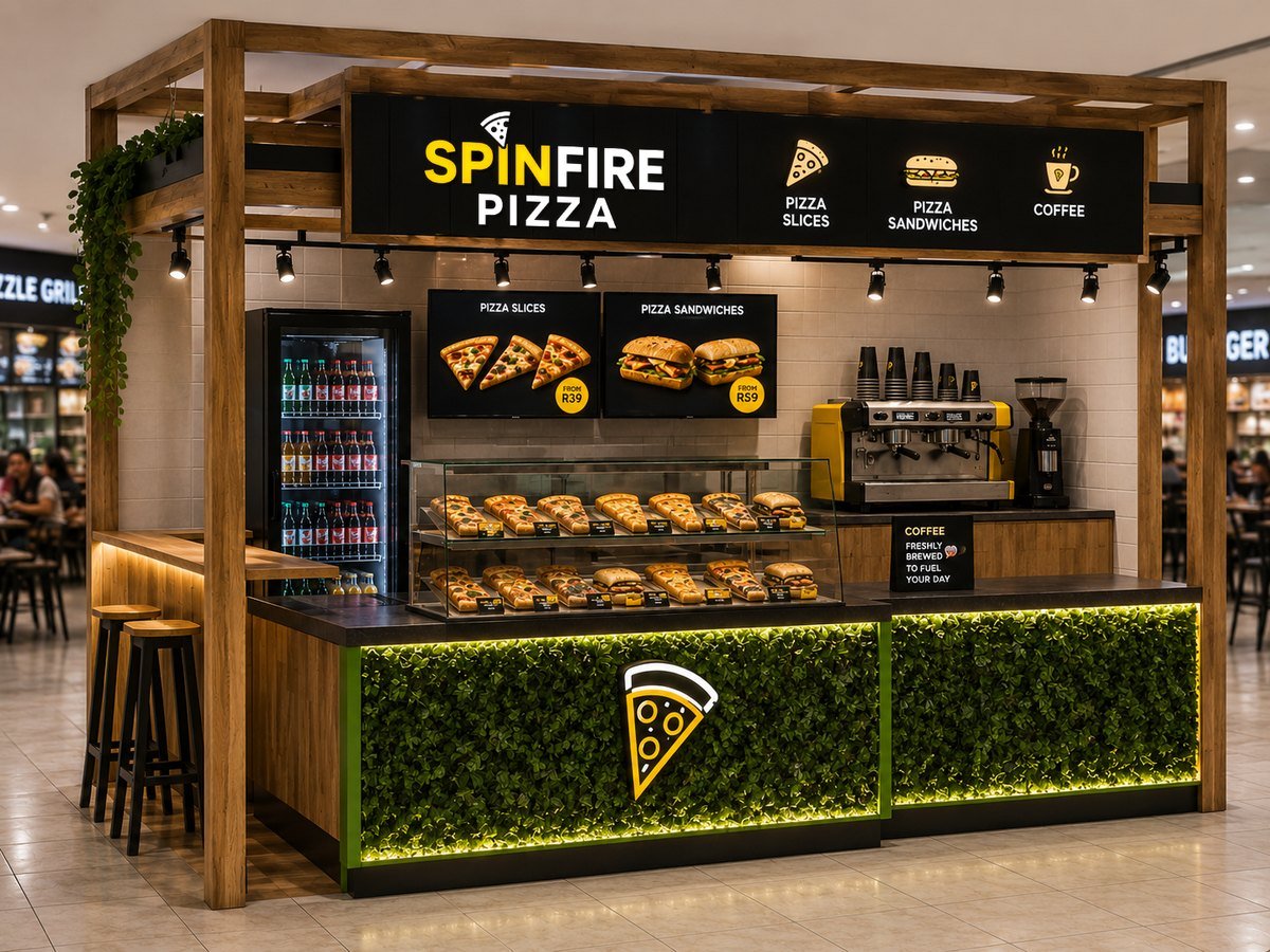 SPINFIRE grab-and-go pergola kiosk with pizza slices and coffee