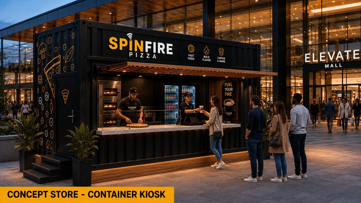 SPINFIRE container-kiosk concept store outside a mall